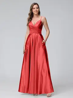 A-Line/Princess V-Neck Sleeveless Ankle-Length Silk Satin Bridemaid Dresses with Pockets & Split Side — view 29