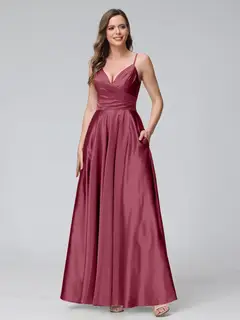A-Line/Princess V-Neck Sleeveless Ankle-Length Silk Satin Bridemaid Dresses with Pockets & Split Side — view 30