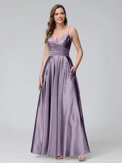 A-Line/Princess V-Neck Sleeveless Ankle-Length Silk Satin Bridemaid Dresses with Pockets & Split Side — view 31