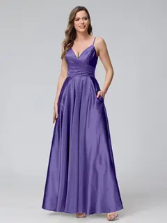 A-Line/Princess V-Neck Sleeveless Ankle-Length Silk Satin Bridemaid Dresses with Pockets & Split Side — view 32