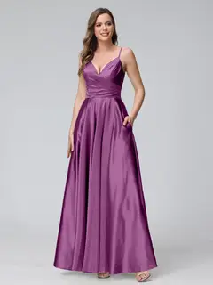 A-Line/Princess V-Neck Sleeveless Ankle-Length Silk Satin Bridemaid Dresses with Pockets & Split Side — view 34
