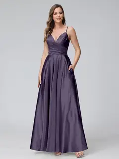 A-Line/Princess V-Neck Sleeveless Ankle-Length Silk Satin Bridemaid Dresses with Pockets & Split Side — view 35