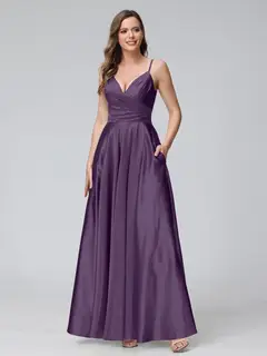 A-Line/Princess V-Neck Sleeveless Ankle-Length Silk Satin Bridemaid Dresses with Pockets & Split Side — view 36