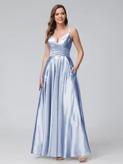 A-Line/Princess V-Neck Sleeveless Ankle-Length Silk Satin Bridemaid Dresses with Pockets & Split Side — view 38