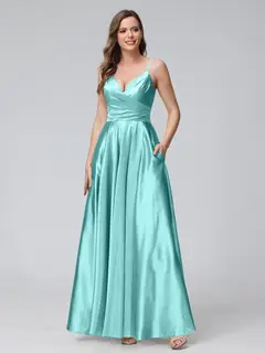 A-Line/Princess V-Neck Sleeveless Ankle-Length Silk Satin Bridemaid Dresses with Pockets & Split Side — view 39
