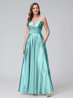 A-Line/Princess V-Neck Sleeveless Ankle-Length Silk Satin Bridemaid Dresses with Pockets & Split Side — view 40