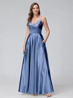 A-Line/Princess V-Neck Sleeveless Ankle-Length Silk Satin Bridemaid Dresses with Pockets & Split Side — view 41