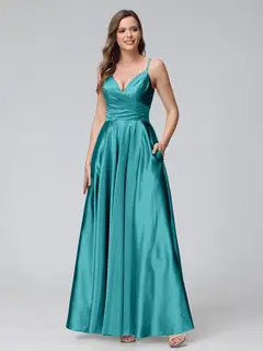 A-Line/Princess V-Neck Sleeveless Ankle-Length Silk Satin Bridemaid Dresses with Pockets & Split Side — view 42