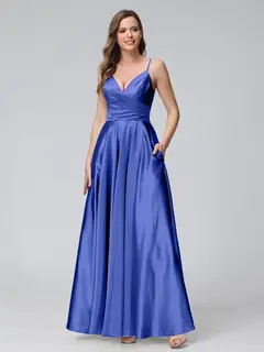 A-Line/Princess V-Neck Sleeveless Ankle-Length Silk Satin Bridemaid Dresses with Pockets & Split Side — view 44