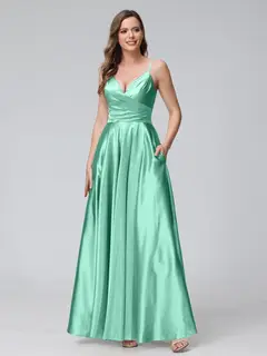 A-Line/Princess V-Neck Sleeveless Ankle-Length Silk Satin Bridemaid Dresses with Pockets & Split Side — view 48