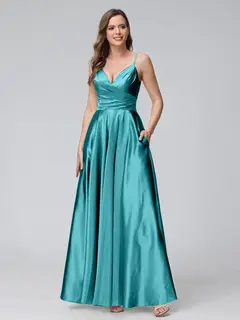 A-Line/Princess V-Neck Sleeveless Ankle-Length Silk Satin Bridemaid Dresses with Pockets & Split Side — view 49