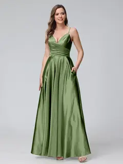 A-Line/Princess V-Neck Sleeveless Ankle-Length Silk Satin Bridemaid Dresses with Pockets & Split Side — view 50