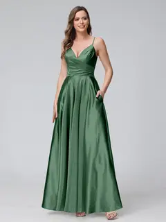 A-Line/Princess V-Neck Sleeveless Ankle-Length Silk Satin Bridemaid Dresses with Pockets & Split Side — view 52