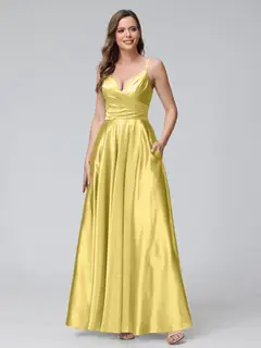 A-Line/Princess V-Neck Sleeveless Ankle-Length Silk Satin Bridemaid Dresses with Pockets & Split Side — view 53