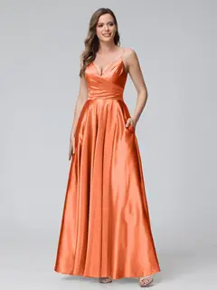A-Line/Princess V-Neck Sleeveless Ankle-Length Silk Satin Bridemaid Dresses with Pockets & Split Side — view 55
