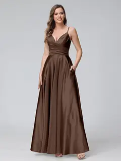 A-Line/Princess V-Neck Sleeveless Ankle-Length Silk Satin Bridemaid Dresses with Pockets & Split Side — view 58
