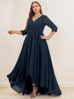 A-Line/Princess V-Neck Asymmetrical Chiffon Plus Size Bridesmaid Dresses with Pleated — view 1