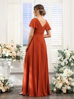 A-Line/Princess V-Neck Short Sleeves Bridesmaid Dresses with Split Side & Ruched — view 3
