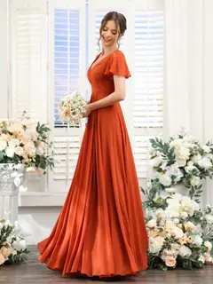 A-Line/Princess V-Neck Short Sleeves Bridesmaid Dresses with Split Side & Ruched — view 5