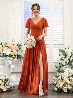 A-Line/Princess V-Neck Short Sleeves Bridesmaid Dresses with Split Side & Ruched — view 6