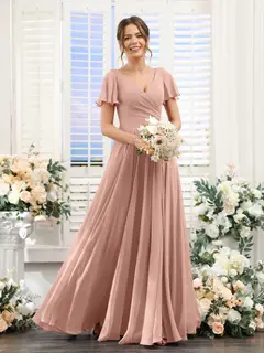 A-Line/Princess V-Neck Short Sleeves Bridesmaid Dresses with Split Side & Ruched — view 8