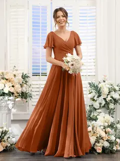 A-Line/Princess V-Neck Short Sleeves Bridesmaid Dresses with Split Side & Ruched — view 10