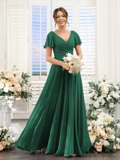 A-Line/Princess V-Neck Short Sleeves Bridesmaid Dresses with Split Side & Ruched — view 12