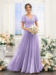 A-Line/Princess V-Neck Short Sleeves Bridesmaid Dresses with Split Side & Ruched — view 15
