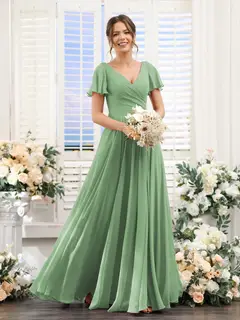 A-Line/Princess V-Neck Short Sleeves Bridesmaid Dresses with Split Side & Ruched — view 17