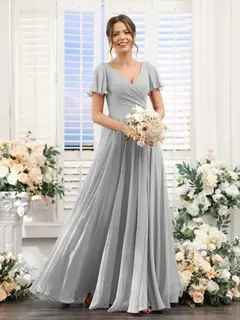 A-Line/Princess V-Neck Short Sleeves Bridesmaid Dresses with Split Side & Ruched — view 23