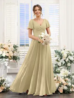 A-Line/Princess V-Neck Short Sleeves Bridesmaid Dresses with Split Side & Ruched — view 25
