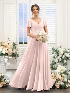A-Line/Princess V-Neck Short Sleeves Bridesmaid Dresses with Split Side & Ruched — view 28