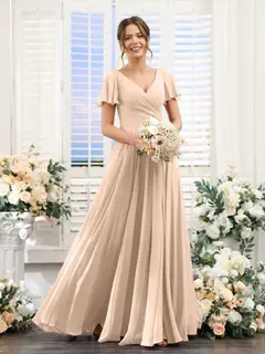 A-Line/Princess V-Neck Short Sleeves Bridesmaid Dresses with Split Side & Ruched — view 30