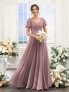 A-Line/Princess V-Neck Short Sleeves Bridesmaid Dresses with Split Side & Ruched — view 32