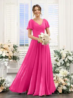 A-Line/Princess V-Neck Short Sleeves Bridesmaid Dresses with Split Side & Ruched — view 34