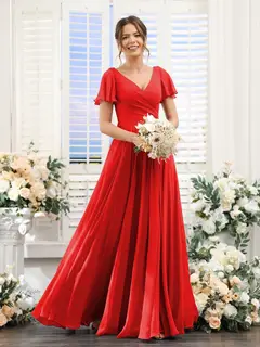 A-Line/Princess V-Neck Short Sleeves Bridesmaid Dresses with Split Side & Ruched — view 37