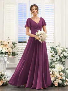A-Line/Princess V-Neck Short Sleeves Bridesmaid Dresses with Split Side & Ruched — view 45