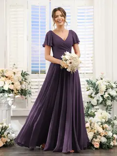 A-Line/Princess V-Neck Short Sleeves Bridesmaid Dresses with Split Side & Ruched — view 47