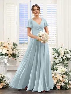 A-Line/Princess V-Neck Short Sleeves Bridesmaid Dresses with Split Side & Ruched — view 48