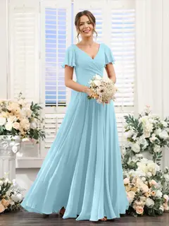 A-Line/Princess V-Neck Short Sleeves Bridesmaid Dresses with Split Side & Ruched — view 50