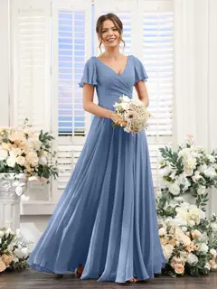 A-Line/Princess V-Neck Short Sleeves Bridesmaid Dresses with Split Side & Ruched — view 52