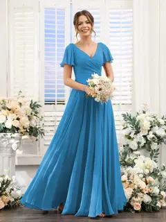 A-Line/Princess V-Neck Short Sleeves Bridesmaid Dresses with Split Side & Ruched — view 54