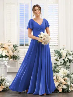 A-Line/Princess V-Neck Short Sleeves Bridesmaid Dresses with Split Side & Ruched — view 55