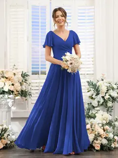 A-Line/Princess V-Neck Short Sleeves Bridesmaid Dresses with Split Side & Ruched — view 57