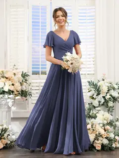 A-Line/Princess V-Neck Short Sleeves Bridesmaid Dresses with Split Side & Ruched — view 58