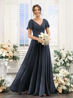 A-Line/Princess V-Neck Short Sleeves Bridesmaid Dresses with Split Side & Ruched — view 60