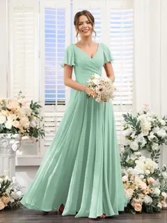 A-Line/Princess V-Neck Short Sleeves Bridesmaid Dresses with Split Side & Ruched — view 62
