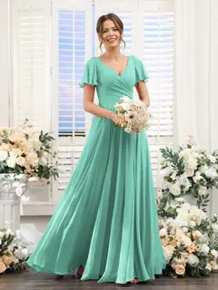 A-Line/Princess V-Neck Short Sleeves Bridesmaid Dresses with Split Side & Ruched — view 63