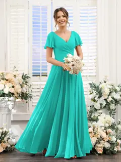 A-Line/Princess V-Neck Short Sleeves Bridesmaid Dresses with Split Side & Ruched — view 64