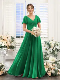 A-Line/Princess V-Neck Short Sleeves Bridesmaid Dresses with Split Side & Ruched — view 65